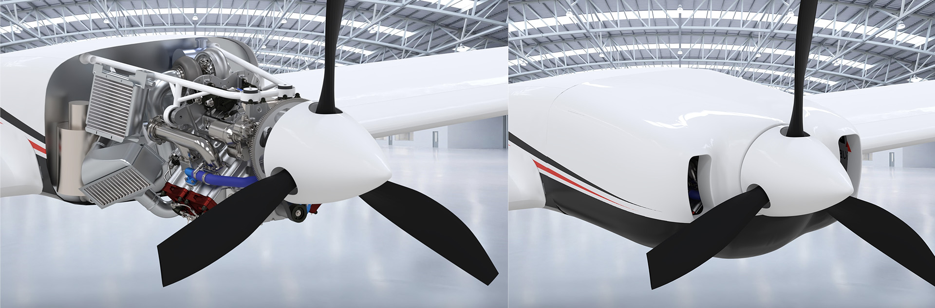 Rendering of the Piper Seminole with and without cowling to show installation of a DeltaHawk engine